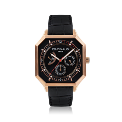 Power reserve auto watch (black dial,black leather strap, pink gold pvd case)  